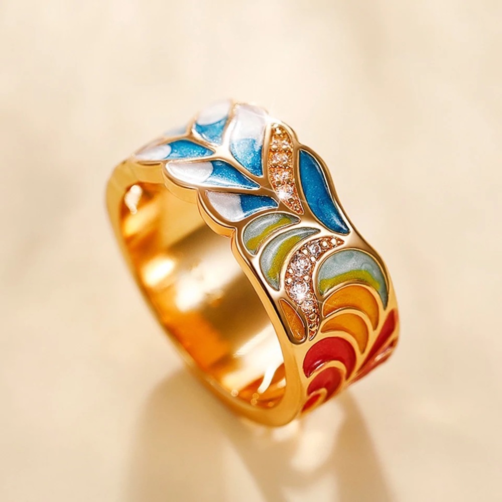 Anthro Personality Enamel Green Leaf Design Women Finger Ring Wide Band Vintage - Picture 5 of 6